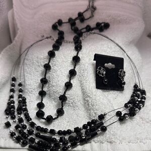 Elegant Black Beaded Necklace and Earring Set w/bonus black necklace